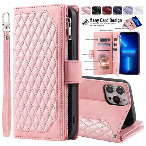 Wallet Case For iPhone 18 17 16 Pro Max 15 14 Plus 13 12 Leather Phone Case with Card Holder Kickstand & Wrist Strap Cover Magnetic Closure Flip Handbag Zipper Purse Shell for Women