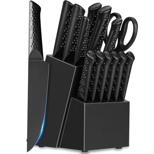 15-Piece German Stainless Steel Kitchenware Knife Set with Wood Block - 8" Chef Tool, Slicing Utensils, Steak Cutlery, Scissors, Built-in Sharpener, Cut-Friendly Handles, Dishwasher Safe for Home Cooking