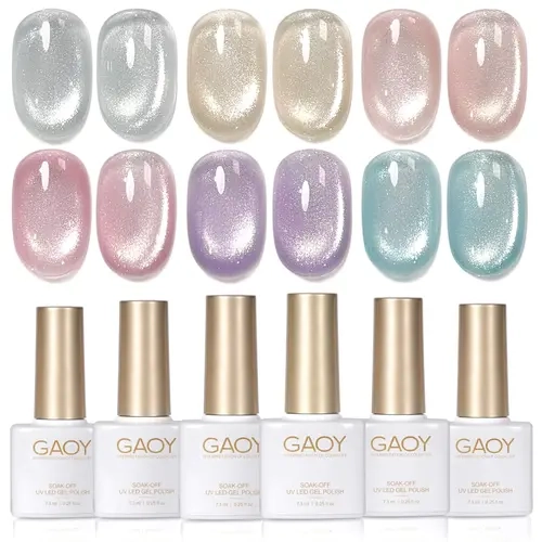 GAOY Cat Eye Gel Nail Polish Set, 6 Colors, Spring Breeze | Silver Blue Colors, Magnetic Glitter Glassy Holographic Gel Nail Polish Set, UV/LED Cure Required, DIY Manicure at Home