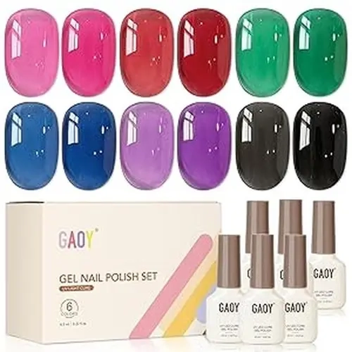 GAOY Jelly Red Blue Gel Nail Polish Set, 6 Sheer Black Colors, Funky Fest | Transparent Green Pink Purple Colors Gel Nail Polish Kit, UV/LED Cure Required, Easy DIY Manicure at Home