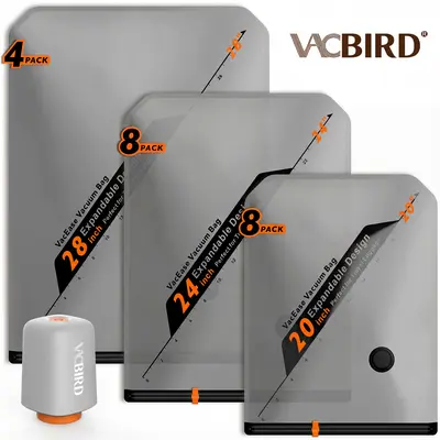 【Summer Vibes】VACBIRD X8 Cordless Rechargeable Vacuum Packing Pump & Dustproof Compression Bags Set - Hands-Free, Lightweight, Portable, Transparent, Rounded-Zipper Pouch, Auto Compression, Travel Accessories, Travel Organizers (28/24/20 in, 10/15/20 pcs)