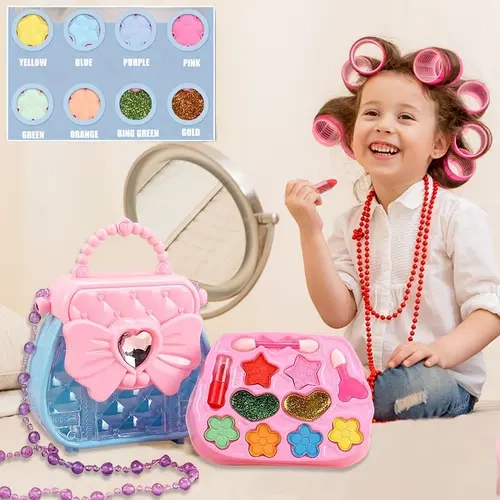 Girls' Hypoallergenic Latex-Free Non-Toxic Washable Pretend Play Cosmetic Set (Ages 5-10), Includes Lipstick, 8 Eye-Shadows, Easy Soap Cleanup, Realistic Look, Party-Ready Birthday Gift, Meets Int'l Safety Standards, Toys & Hobbies Pretend Play
