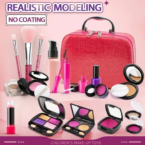 Pretend Play Makeup Playset for 3-8 Year Olds - Non-Toxic, Washable, Eco-Friendly Toys for Girls with Large Capacity Simulated Bag, Carry-Ready Handle & Cute Accessories, Mother-Approved Kid Girl Gifts for Birthday, Christmas