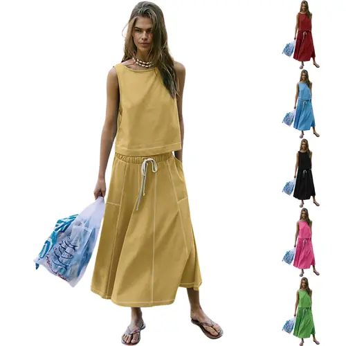 Tanming Women Stitching 2 Piece Sets - Sleeveless Tank Top & Drawstring Skirt - Matching Outfits with Pockets Casual Spring Summer Fall Work School Vacation Loungewear Clothing