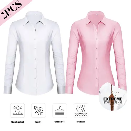 2-Pack Siliteelon Button Down Stain Shield Dress Shirts for Women Collared Wrinkle Free Dress Shirt Classic Fit Long Sleeve Tops Business Casual Work Classy Layering Blouse Spring Summer Outfits Inspo tiktokshopspringglowup Summervibes summerwins
