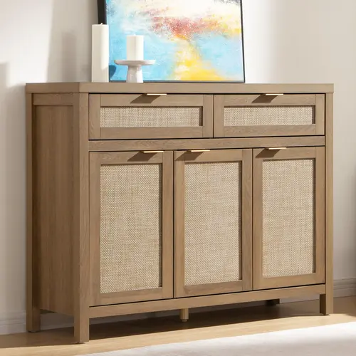 SICOTAS Rattan Sideboard Buffet Cabinet - Boho Farmhouse Credenza with 3 Doors and 2 Drawers, Storage Console Cabinet for Kitchen, Living Room, Entryway, Coffee Bar and Home Decor