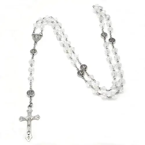 Unisex Non-Natural Crystal Beads Cross Necklace with Zinc Alloy Religious Pendant, Vintage White Catholic Rosary Jewelry - Pendants Necklace Chains for Baptism, Confirmation, Any Occasion Gifts