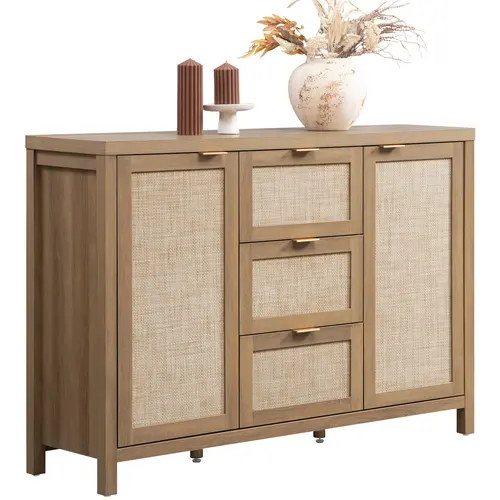 SICOTAS Large Rattan Sideboard Buffet Cabinet - Farmhouse Boho Rustic Golden Wood Modern Storage Unit with 4-Leg Base, Adjustable Legs, 3 Drawers, 2 Doors, 3+2 Storage Zones, for Living Room Dining Room (Detailed Instructions Included)