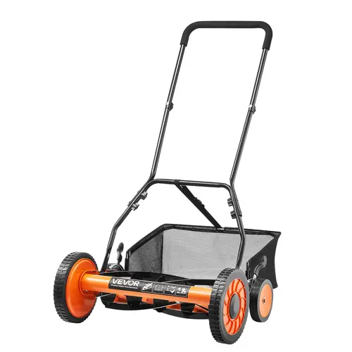 VEVOR 18-Inch Quiet Steel Manual Push Lawn Mower, 5-Blade Grass Cutter with 1.37-2.44 in Cutting Height, 4-Wheel Easy Push Design, Grass Catcher, U-Shaped Ergo Cushioned Handle, 10min Tool-Free Setup, Portable, Low Strain, Accurate Even Cut, Eco-Friendly,
