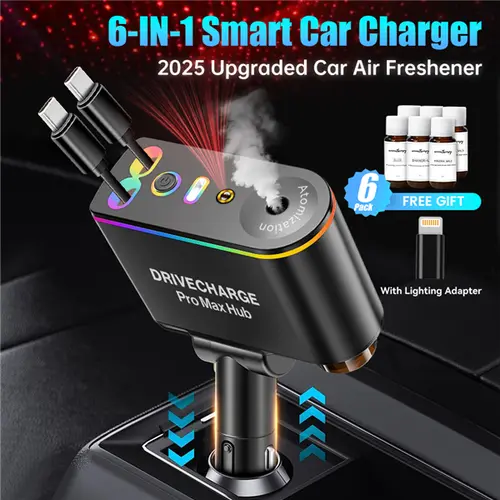 Smart Car Air Freshener Mini Diffuser - Intelligent Sensing, Mood Lighting, Retractable Charger, Starlight Aromatherapy, 12-24V Input, 3 Perfumes for Variety, Car Fragrance Spray, Ideal Gift for Men, Fits Most Systems