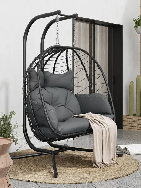 Double Egg Chair with Stand for Patio, Outdoor Indoor Hanging Swing Chair with Cushions, Wicker Rattan, 700lbs Capacity, Waterproof Sunproof for Balcony Garden Porch,,Summervibes