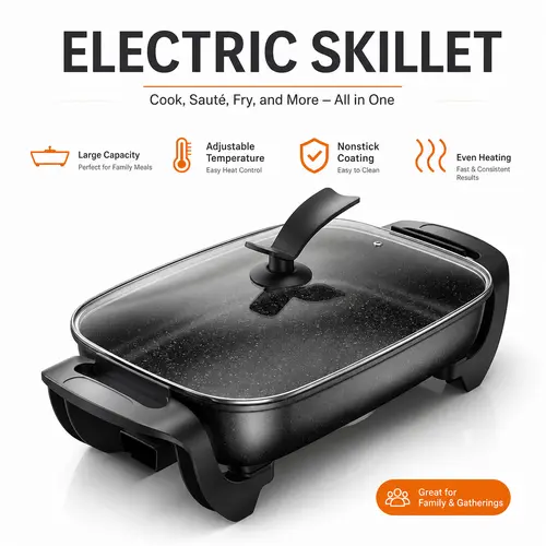 AORAN 1500W Thermal Heating Cooker - Non-Stick Electric Frying Pan for Single Household & 2-6 People Family Kitchen Appliances, Large Capacity, Stand-Up Glass Lid, 5-Heat Control, Heat-Resistant Handle, 6-Piece Kitchenware Set