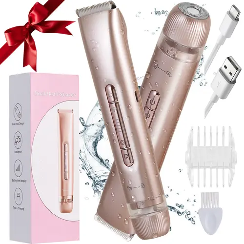 Women's 2-in-1 Cordless Ceramic Blade Hair Removal Trimmer - Electric Dual-Head Bikini Shaver, IPX7 Waterproof Rechargeable Trimmer, USB Recharge, Painless Shave, Skin-Friendly Travel Size Razor for Bikini Line, Ideal Gift