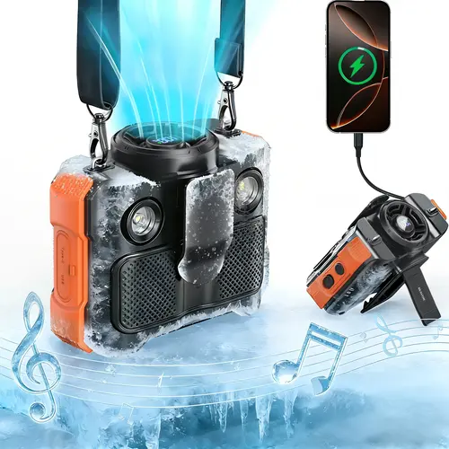 BLAVOR 2-in-1 Bluetooth Adjustable Compact Clip-On Waist Fan - Battery Powered Outdoor Wireless Speaker Fan, 8000mAh, 16000 RPM Airflow, 4.5-22H Runtime, LED Light, 5V/2.4A USB-A Portable Charger, 0.77lb Wear as Waist/Belt Home Appliance for Camping