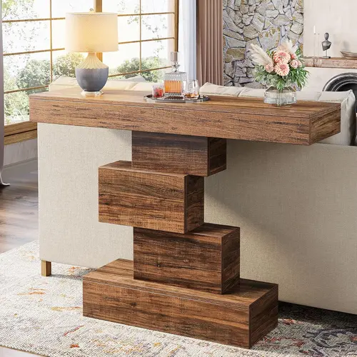 LITTLE TREE Farmhouse Console Table, 42.5-Inch Narrow Wood Sofa Table Behind Couch with Geometric Base, Industrial Entryway Accent Table for Living Room, Hallway, Entrance