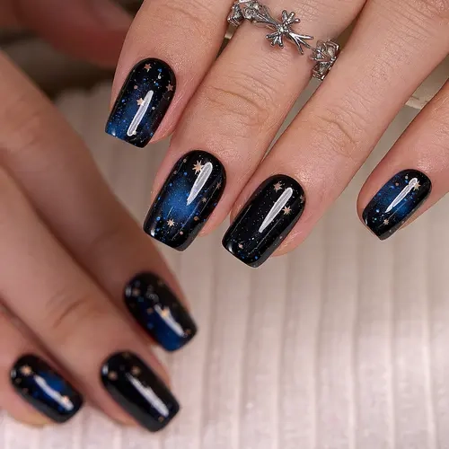 Tranquil Starry Sky Glitter Press On Nails | CurvLife Nail | 24pcs Medium Oval Fake Nails | Glossy Finish with Cosmic Sparkles | Easy to Apply, Comfortable & Long-Lasting | Ideal for Daily Wear, Star-Themed Parties, Evening Dinners & Mystical Events