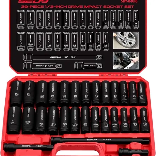 SEDY 29-Piece 1/2" Drive Impact Socket Kit, SAE (3/8-1 in) & Metric (10-24 mm) Inches/mm Sizes, CR-V Resists Daily Wear, Laser Marked, Extension Bars, High Torque Tool, Durable Impact Wrench Accessory Set