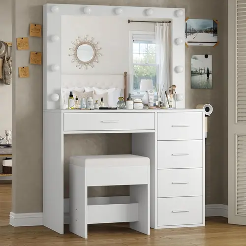 FUSOU 37" Vanity Desk with Mirror & LED Lights, Makeup Vanity with Power Outlet & USB, 3 Lighting Modes, Dressing Table with 5 Drawers & Stool for Bedroom, White