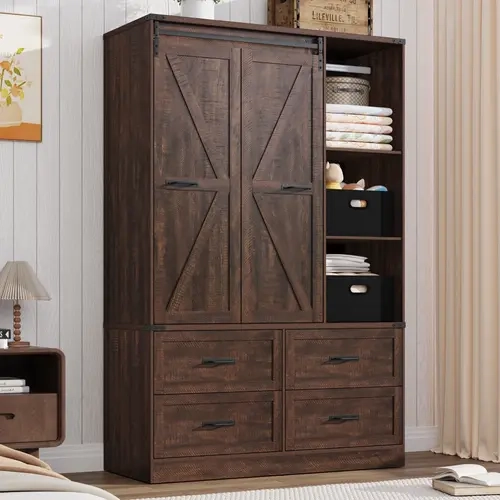Farmhouse 3-Door Engineered Wood Armoire Closet - Foldable Sliding Barn Door, 3 LED Modes, Drawers, Hanging Rod, Sturdy Legs, Rectangular Form, Rustic Look, Wardrobe Organizer for Bedroom Storage