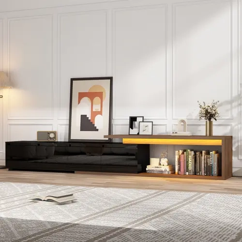 High-Gloss White & Black Rectangular Extendable LED TV Stand (75"-110"), Sturdy Minimalist Engineered Wood Media Console with 2 Drawers & 2 Built-In Compartments, Living Room Home Entertainment Centre for Up to 120" TV