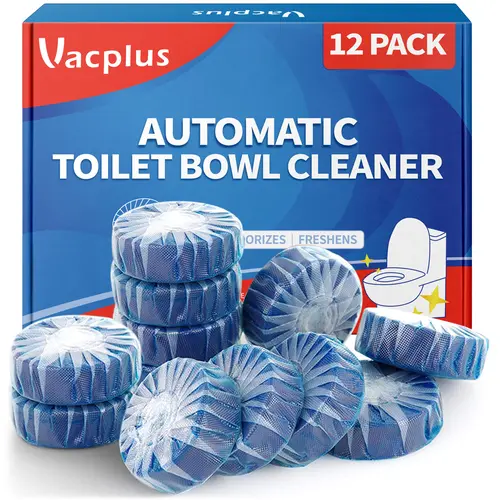 Vacplus Automatic Toilet Bowl Cleaner Tablets - Bathroom Tank Cleaners, Antimicrobial Germ Defense, 99% Bacteria Elimination, Odor Fighter, Blue Water Freshness, Deep Clean Routine for Stains & Limescale, No Daily Scrubbing (12-100 Multiple Packs)