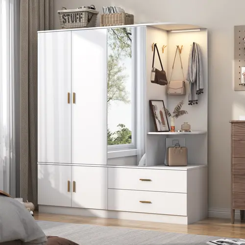 Modern LED Aluminum 5-Door Wardrobe with Mirror - Rectangular Legged Base Clothes Storage Cabinet, Full-Size Shatter-Safe Acrylic Mirror, 4 Metal Hooks, 2 Drawers, Shelves, Sensor Lighting (3 Modes/Flash Glow), Bedroom Storage, Requires Setup