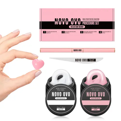 NOVO OVO Upgraded Non-Sticky Polygel Nail Kit – Nail Care Manicure Set with White & Pink Gel, Dual-Ended Pen, Extra Slim File, Dual Forms for Smooth 3D Gel X At-Home Hand/Toe Use (Non-Sticky Polygel Solution Procedure Set)