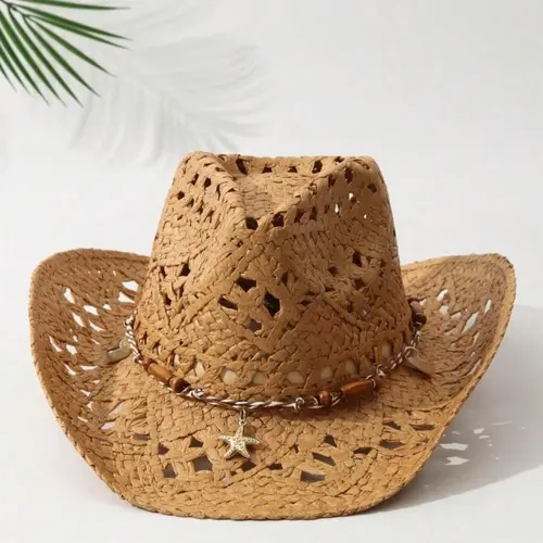 Women's Wide Brim Summer Sun Hat, Boho Style Foldable Straw Western Cowboy Hat for Beach Vacation, Fashion Accessories for Women & Girls, Adjustable Hat, Lightweight Sun Hat, Casual Hat, Stylish Hat, Casual Headwear
