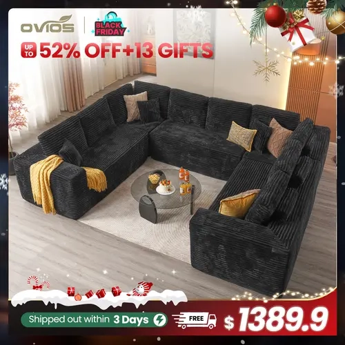 【4 Packages Shipping】OVIOS 135" Modular Cloud Couch, Oversized U-Shaped Sectional Sofa with Chaise, Deep Seat Plush Corduroy Boneless Floor Couch with Memory Foam for Living Room & Bedroom, No Assembly Required
