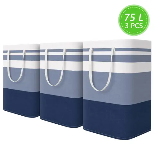 3Pcs 75L Tall Rectangular Collapsible Laundry Baskets - Clothes Storage Basket for Bedroom, Spill-Proof Dry Hamper, Freestanding, Waterproof, High-Capacity Home Supplies, Extended Handles, Space-Saving Fold, Holds Towels, Toys, Everyday Mess