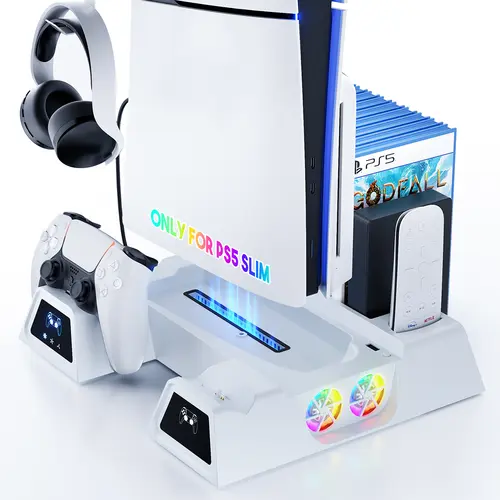 PS5 Controller Charging Base Cooling Bracket - 3-Speed Touch Control Vertical Stand with Cooling Fans, RGB Lights, Quad Charge, USB-C/USB-A Input, 14 Game Discs Storage, for PlayStation 5/PS5 Pro Gaming Console Accessories