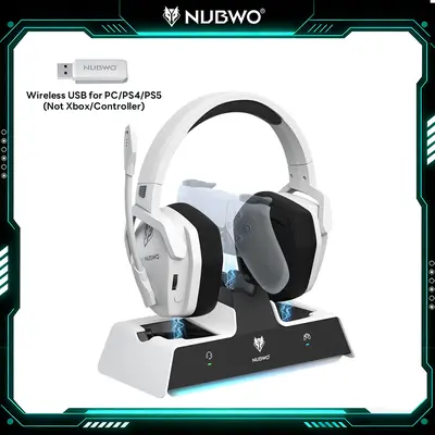 NUBWO G06 Pro Bluetooth Over Ear Gaming Headset - PS5-Only Compatible, Dual Charging Station for PS5 Controller, 17ms Low Latency, 120H Battery Life, Dynamic 50mm Drivers, Battle-Ready Glow & Anti-Slip Design - White