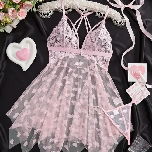 Women's Heart Print Lace Trim Cami Nightdress & Thong Sexy Sleepwear, Romantic Ruffle Trim Nighty Dress & Panty Set, Ladies Sleepwear for All Seasons, Loungewear, Sleepwear Nightgown