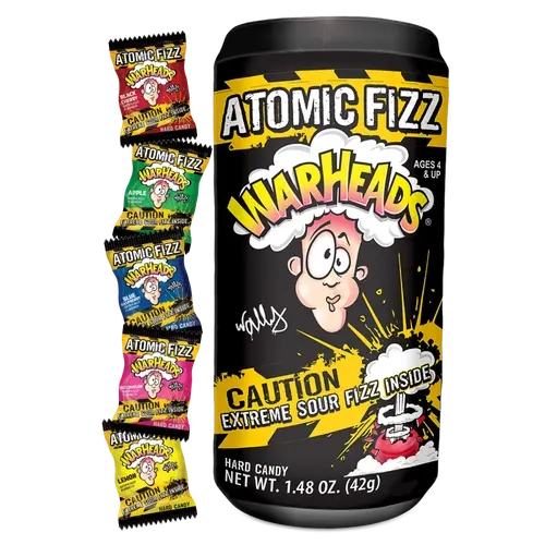 WARHEADS Atomic Fizz Extreme Fizzing Hard Candies, Assorted Fruit Flavors (Sour Cherry, Blue Raspberry, Lemon, Watermelon) - 1.48 oz Canister, Sour Flavored Candy, Assorted Packaged Snack Foods, Single Serving Fruity Sweets, Kids' Gift Idea