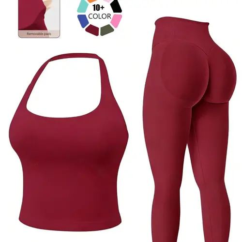 Two-Piece Set Women's Solid Seamless Crop Tank Top & High Waist Leggings Tracksuit Set Gym Sets, Breathable Comfortable Outfits for Yoga Gym Workout Running, Ladies Sportswear for All Seasons, Fitness Clothing, Fitness Clothes, Exercise Clothing Set