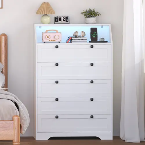 Modern Bedroom Nightstand with Charging Station, LED Light, 1 Drawer, RGB Mood Lighting, P2-Grade Wood, Antitip Stability, Stable Thick Base - Built to Last Small Space Indoor Cupboard & Cabinet Furniture for Tiny Apartment