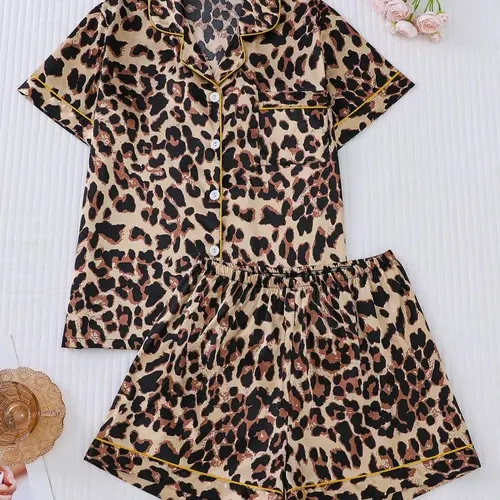 Women's Leopard Print Lapel Neck Shirt & Shorts Pyjama Two-piece Set, Casual Comfy Short Sleeve Top & Shorts PJ Set, Ladies Sleepwear for All Seasons, Loungewear, Matching Pj Set, Pajama Set
