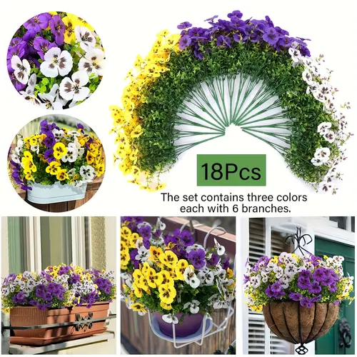 LVZHIYUAN 18-Bundles of 12.56-in UV-Protection Plastic Artificial Tricolor Violet Plants, Decorative Flowers Floral Decor Set for Balcony, Flower Pots