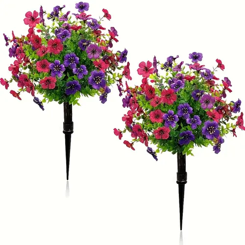 2-Pack 19.68in UV-Resistant Artificial Violet Potted Bulbs, Universal Indoor/Outdoor Plastic Evergreen Shrub Faux Plants with Ground Nails, Home Decor Ornaments for Balcony Front Porch