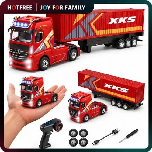 Hotfree 1/64 RC Drift Semi‑Truck with Detachable Trailer, Mini 2.4GHz Remote Control Container Truck Toy with LED Lights, Desktop Indoor RC Vehicle, Birthday & Christmas Holiday Gift for Kids, Boys & Adult Hobbyists