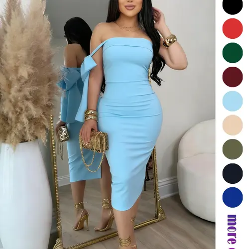 Women's One-Shoulder Bow Back Midi Dress, Summer Strapless Party Evening Home Dress, Sleeveless Slim Fit Plain Surface