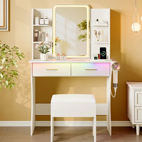Traditional P2 Wood Makeup Vanity Desk Set with Mirror - Sturdy 1" Thick Top, RGB Glass Lighted Mirror with 3 Light Modes, 2 Deep Drawers, Charging Station Power Outlet, Chair, Hair Dryer Rack, Storage