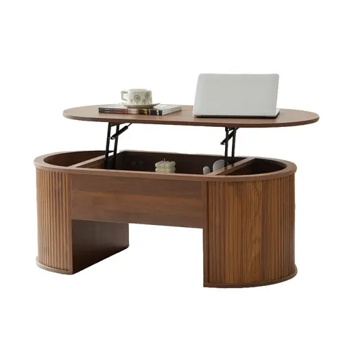 Giratree Fluted Coffee Table with Lifting Top, Oval Wood Lift Top Coffee Table with Hidden Compartment, Mid Century Pull up Center Tables for Living Room, Office