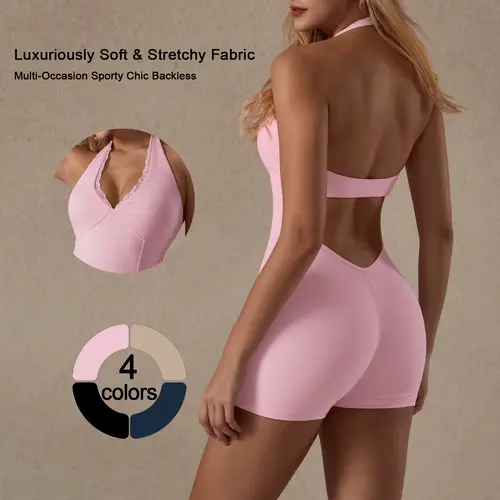 TimeOFF Soft Stretchy Backless Sleeveless Halter Lace Trim Plain Slim-Fitting Comfortable Fit Bodycon Athleisure Sports Clothing Set - Fitness Outfit, Gym-To-Casual Activewear, Yoga Use