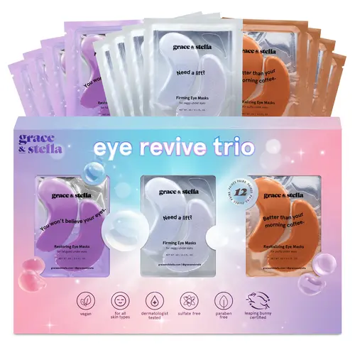 Under Eye Mask Gift Set – 12 Pairs for Dark Circles, Puffy Eyes Hydrating, Firming, Restoring Purple, Orange & White Trio Skincare by grace & stella