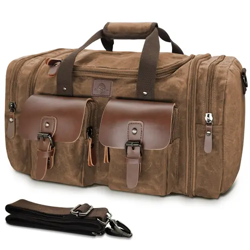 Men's Unisex Vintage Canvas Fashionable Duffel Bag - 40L to 50L Expandable Waterproof Lightweight Premium Portable Camping Weekender Bag, 15.6-in Laptop Compartment, Genuine Leather Accents, Smooth SBS Zippers, Magnetic Snaps, No-Wheels Carry-On Crossbody