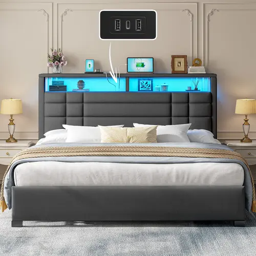 【Teen Size Bed】Raybee Luxury Bed Frames with Headboard & 2 Storage Shelves, Upholstered Bed Frame with LED & USB Ports for Full Queen King, Modern Bedroom Furniture, No Mattress, No Noise, Metal Slats Holds up to 880lbs[BlackFridayCyberMonday]