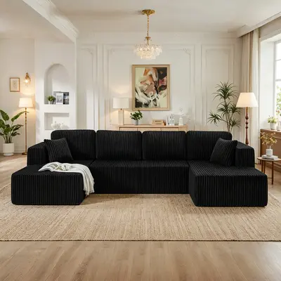 【2Packs Shipped】Popular No Assembly Needed 132'' U-Shape Oversized Cloud  sofa Couch - Corduroy Modular Sectional Sofa with 6 Soft Pillows, Deep Seat Boneless Upholstered Couches for Living Room