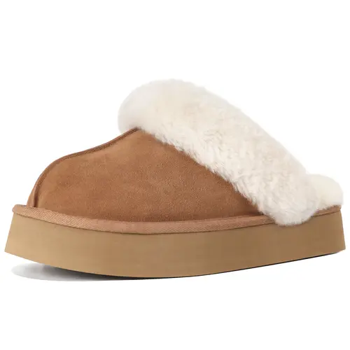 Fuzzy Platform Slippers for Women - Women's Casual Winter House Slippers - Brown, Faux Fur & Shearling Blend - Women's Size