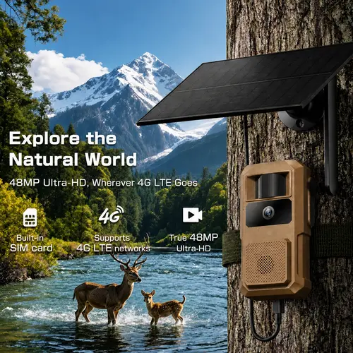 [TechVibes]Solar 4G LTE Trail Camera HC73S 48MP 2K Night Vision 0.1s PIR Trigger IP66 Waterproof 120° Wide Angle For Wildlife Farm Deer Security, Built-In Cellular Card 4G LTE Data Plan Needs Activation Outdoor, Hunting Gear, Solar Powered